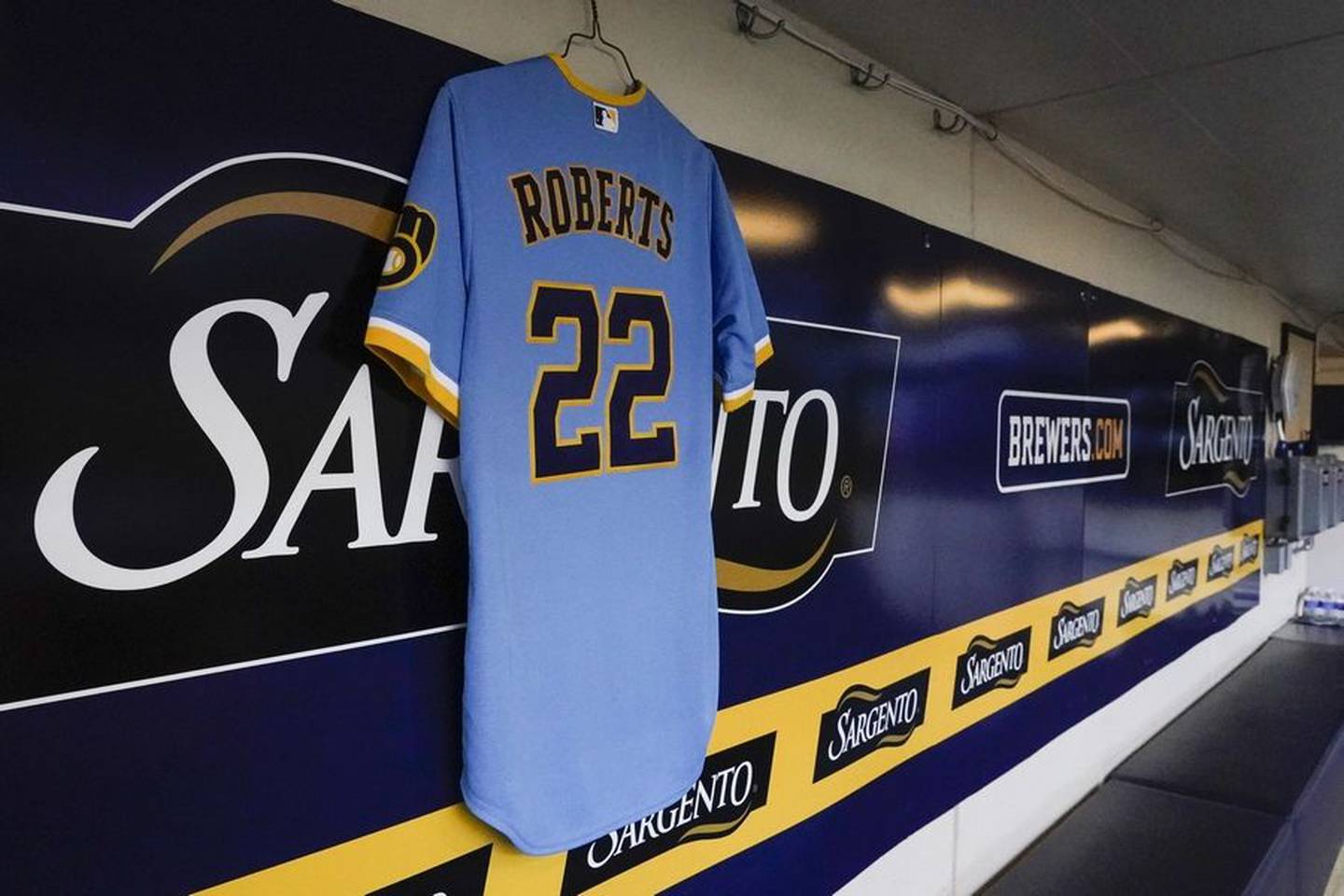 A jersey honoring 8-year-old Cooper Roberts was displayed Friday in the Milwaukee Brewers' dugout before their home game against the Pittsburgh Pirates. The Brewers are Cooper's favorite team.