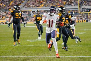 Chicago Bears wide receiver Darnell Mooney (11) gets past the Pittsburgh Steelers defense for a touchdown during the second half Monday, Nov. 8, 2021, in Pittsburgh.