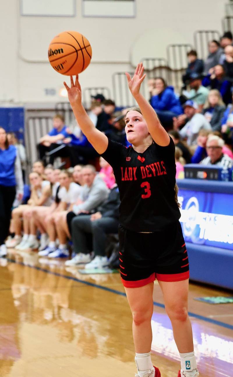 Hall's Leah Pelka launches a 3-pointer in Tuesday's game at Princeton. The Tigresses won 41-39.