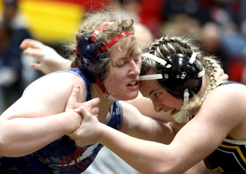 South Elgin’s Allison Garbacz, left, battles Hinsdale South’s Callie Carr at 155 pounds in varsity girls IHSA Sectional wrestling on Saturday, February 14, 2026, at Schaumburg High School in Schaumburg.