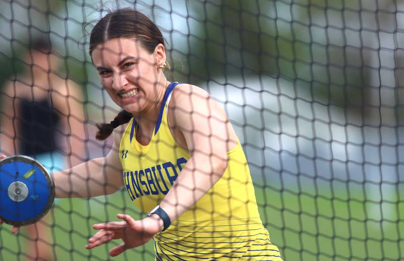 Johnsburg’s Juliana Cashmore competes in the discus during KRC Conference Track Meet action at Marengo High School in Marengo on Tuesday, May 6, 2025.