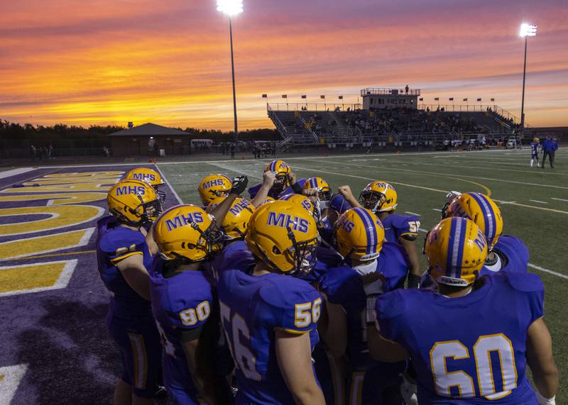 Mendota High School players huddle up prior to the game against Sherrard at Mendota High School on September 27, 2024.