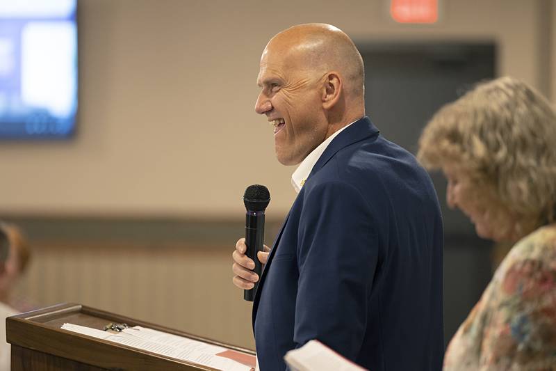 Karsten Eule-Pruze, Burgermeister of Herzberg/Elster, smiles while giving a speech Thursday, July 25, 2024, at Partnership and Friendship anniversary dinner in Dixon. Herzberg/Elster, Germany and Dixon are celebrating a 25th anniversary of being Sister Cities.