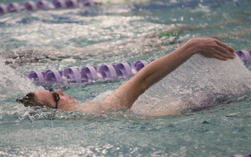 Morrisons swimmer Bryar Kuehl competes in the 200 meter individual medley event during a triangular meet against L-P and Olympia on Wednesday, Jan. 22, 2025 at the Illinois Valley YMCA in Peru.