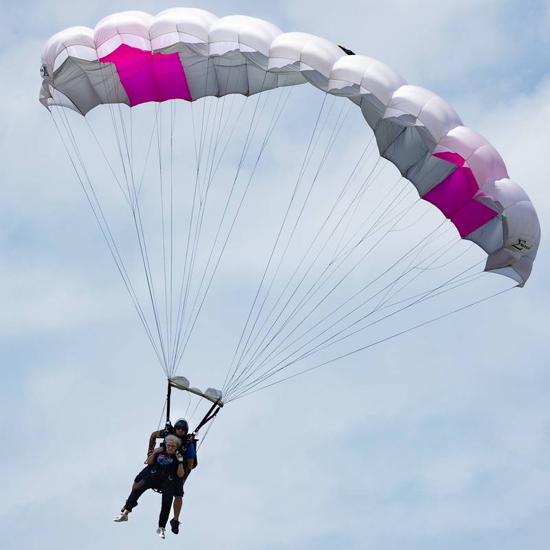 (front to back) Kathy Traegar and Chad Staerkel of Skydive Chicago skydive for charity on Friday, July 11, 2025 at Skydive Chicago in Ottawa.
