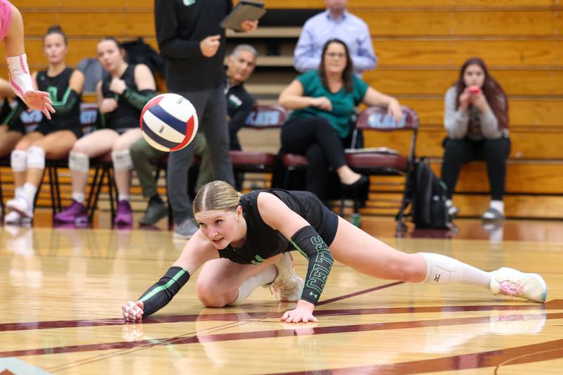Providence's Abbey Knight digs a deflected ball during the Celtics' victory in two sets, 25-25, 25-18, over Lemont in the IHSA Class 3A Kankakee Sectional championship on Thursday, Nov. 6, 2025.