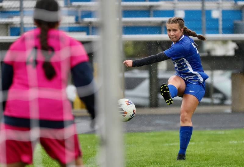 Princeton's Ava Kyle takes a shot on goal against Sterling Thursday at Bryant Field. The Tigresses won 3-1.