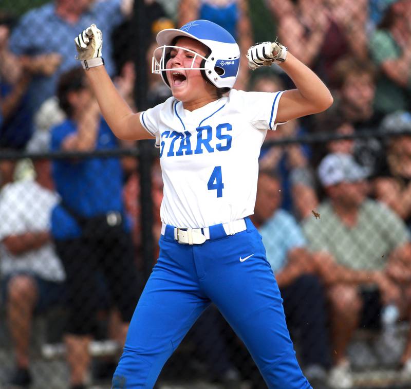 St. Charles North’s Addy Umlauf celebrates a run during the Class 4A St. Charles North Supersectional against Whitney Young on Monday, June 3, 2024.