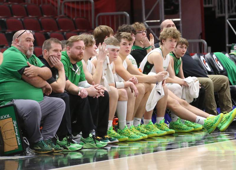 Members of the Seneca boys basketball team watch their teammates play against Streator during a game on Tuesday, Dec. 21, 2023 at the United Center in Chicago.