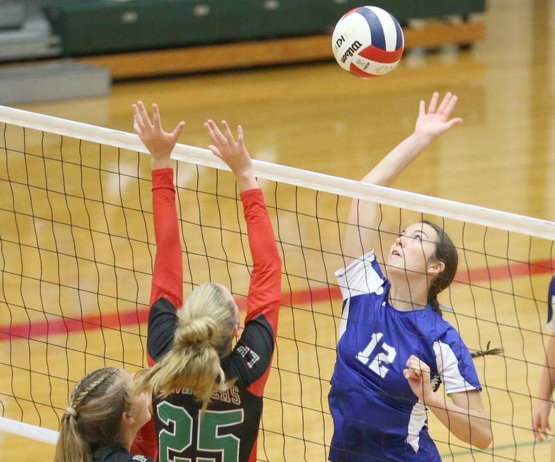Princeton's Chrissy Sierens hits the ball over the net past L-P's Addison Urbanski on Tuesday, Aug. 22, 2023 in Sellett Gymnasium.