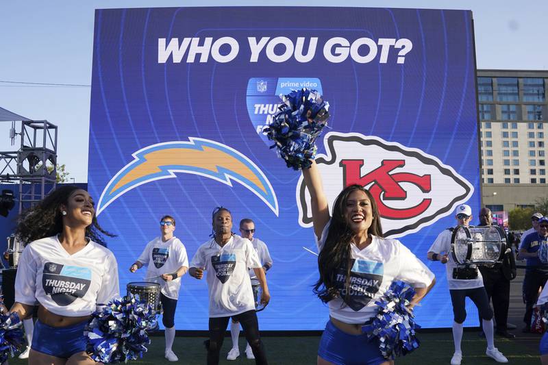 IMAGE DISTRIBUTED FOR AMAZON PRIME VIDEO - Thursday Night Hype Team during the announcement of the first Thursday Night Football on Prime Video matchup featuring the San Diego Chargers at Kansas City Chiefs at the 2022 NFL Draft on Thursday, April 28, 2022 in Las Vegas. (Vera Nieuwenhuis/AP Images for Amazon Prime Video)