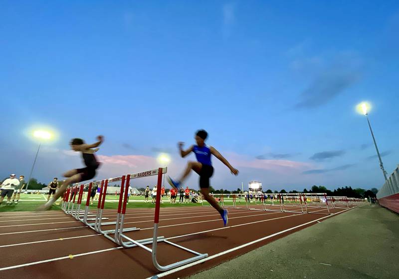 110-meter hurdlers compete in Fox Valley Conference boys track and field meet action at Huntley High School in Huntley on Thursday, May 15, 2025.