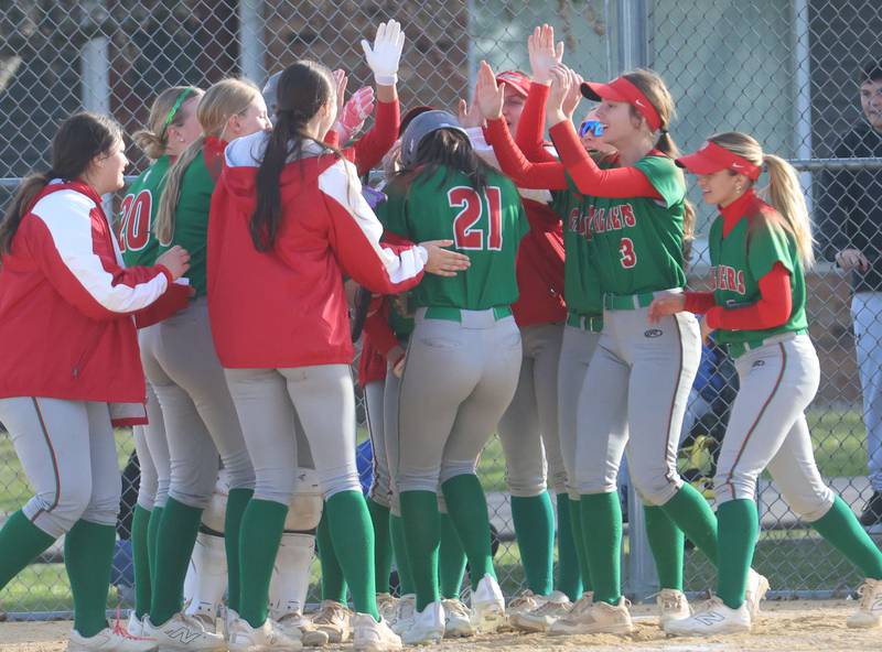 L-P's Anna Riva is met a home plate by her teammates after hitting a home run against Princeton on Tuesday, March 24, 2026 at Little Sibera Field in Princeton.