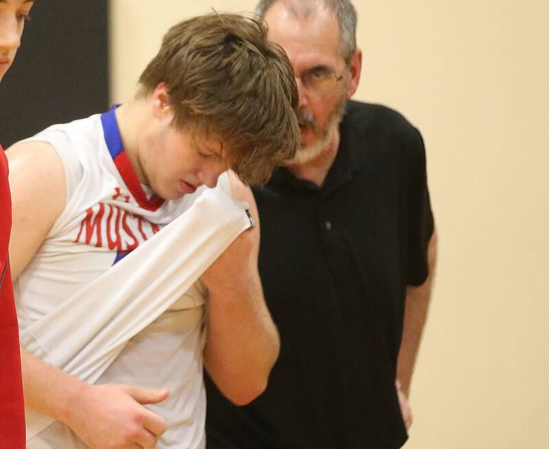 Morrison's Carson Strating reacts after loosing to Princeton  during the Class 2A Regional final game on Friday, Feb. 23, 2024 at Erie-Prophetstown High School.