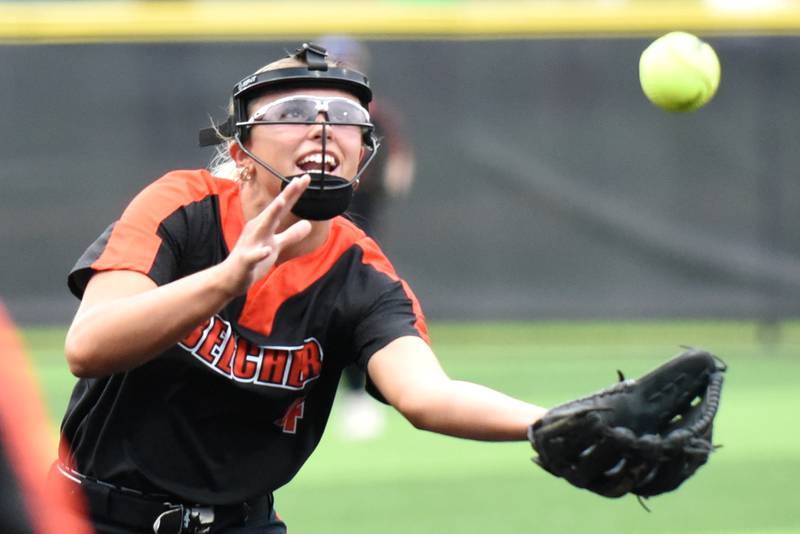 Beecher's Ava Lorenzatti catches a pop up during the Class 2A Seneca Sectional championship game against Seneca Friday, May 30, 2025.