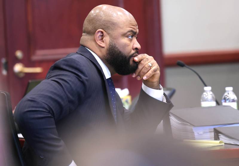 Brandon Brown, co-defense counsel for Hamza Khatatbeh listens to DeKalb County Associate Judge Stephanie Klein Wednesday, Feb. 18, 2026, during Khatatbeh’s murder trial at the DeKalb County Courthouse in Sycamore. Khatatbeh is accused of fatally stabbing Sycamore 17-year-old Kaleb McCall in 2023.