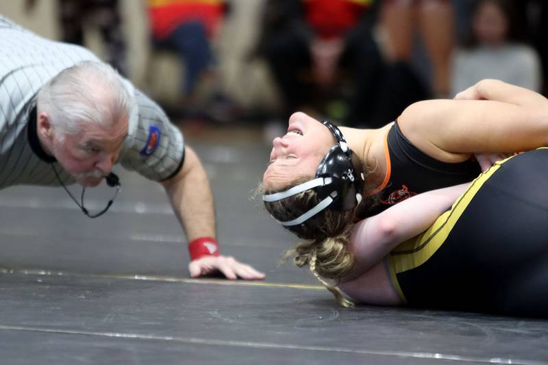 Crystal Lake Central’s Cait Jones pins Glenbard North’s Suzanne Stalley at 155 pounds in varsity girls IHSA Sectional wrestling on Saturday, February 14, 2026, at Schaumburg High School in Schaumburg.