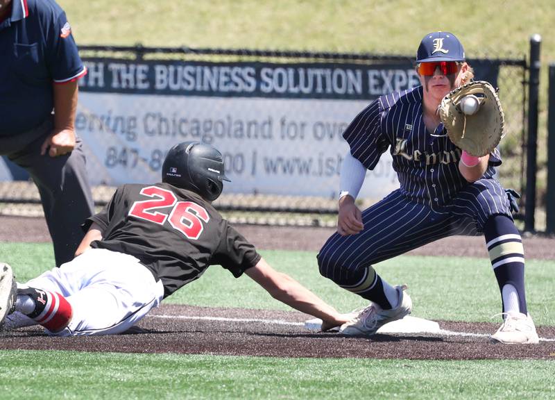 Highland's Will Jansen gets back in safely as Lemont's Nick Berardi takes the throw during their Class 3A state semifinal game Friday, June 7, 2024, at Duly Health and Care Field in Joliet.