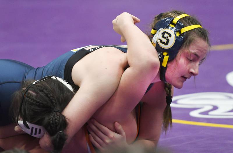 Sterling's Vivianna Torres holds Kaneland's Caitlyn Manier during their 145 pound match for third place at the Belvidere Regional on Saturday, Feb. 7, 2026.