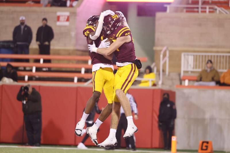 Loyola’s Nicholas Arogundade celebrates a Brendan Loftus touchdown against Lincoln-Way East in the Class 8A championship on Saturday, Nov. 25, 2023 at Hancock Stadium in Normal.