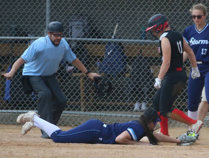 Bureau Valley's Madison Smith misses the tag on Erie-Prophetstown's Lilly Swatos at third-base during the Class 1A Regional game on Monday, May 13, 2024 at Bureau Valley High School.