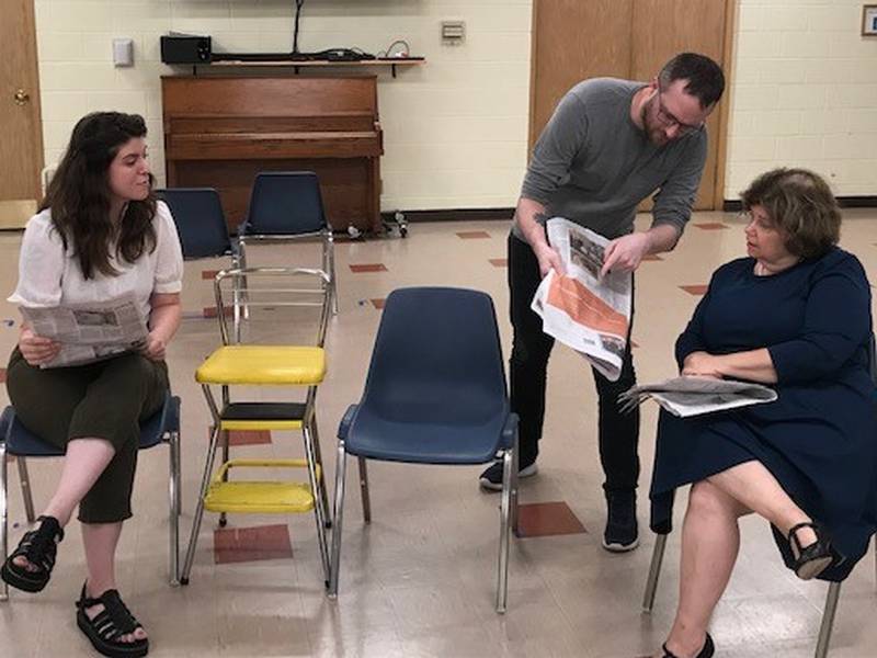 Pictured: The Stage Coach Players cast of "A Murder is Announced" rehearsing
