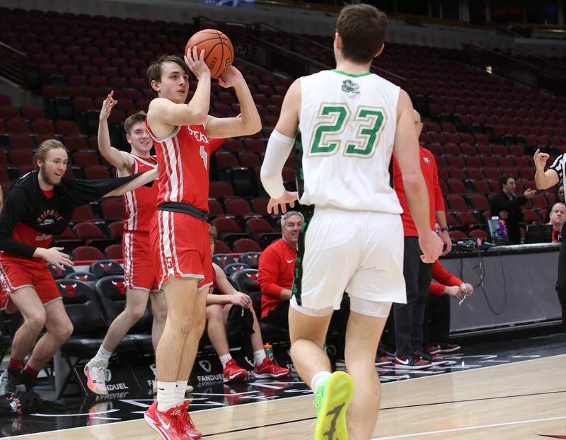 Streator's Alex Kostal shoots a jump shot over Seneca's Brady Sheedy during a game on Tuesday, Dec. 21, 2023 at the United Center in Chicago.