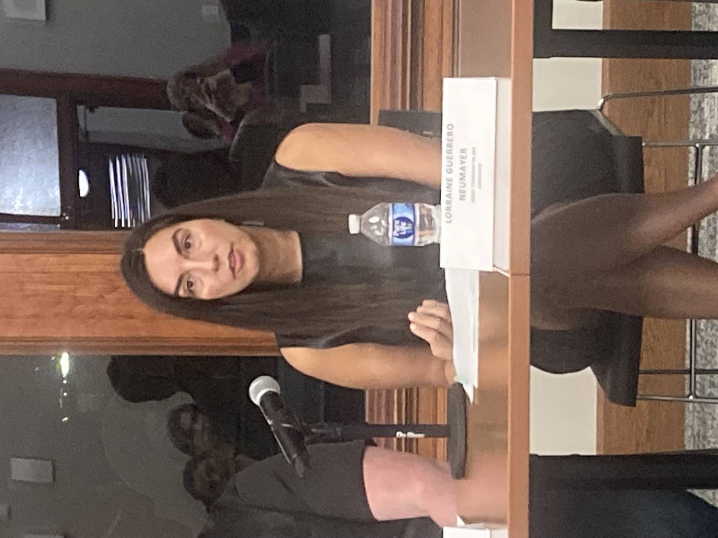 Lorraine Guerrero Neumayer speaking at the Joliet Public Schools candidate forum at the Joliet Public Library on Wednesday, Feb. 26, 2025.