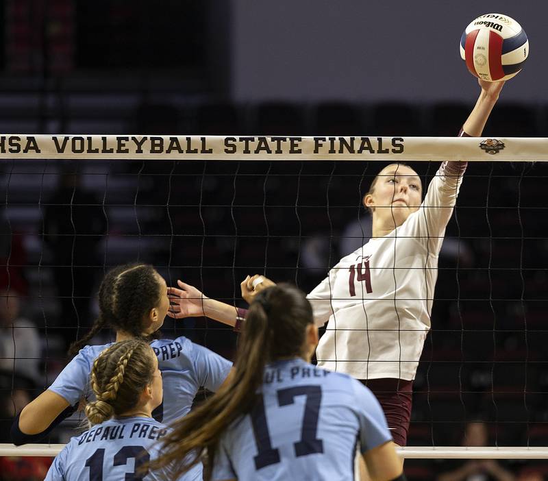 Prairie Ridge's Jada Hoyt plays the ball over the net against DePaul College Prep Saturday, Nov. 16, 2024, in the Class 3A third place state volleyball match at CEFCU Arena in Normal.
