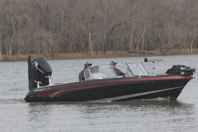 Matt Schiefelbein of Jacksonport Wis., and Chad Knottek of Ottawa, enter the harbor to weigh their fish during the annual Masters Walleye Circuit tournament on Friday, March 21, 2025 at the Spring Valley Boat Club.