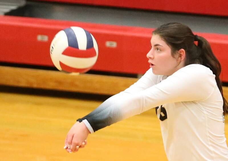 Sycamore's Norah Chami bumps the ball to set up a play against Sycamore on Tuesday, Oct. 15, 2024 in AJ Sellett Gymnasium at L-P High School.