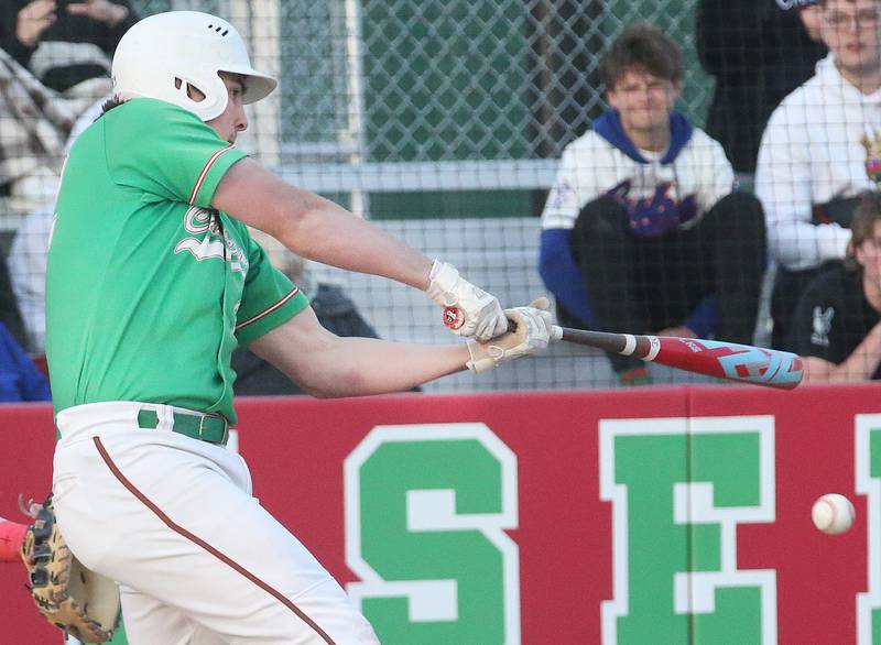 L-P's Josh Senica makes contact with the ball against Ottawa at Huby Sarver Field inside the L-P Athletic Complex on Tuesday, April 23, 2024 in La Salle.