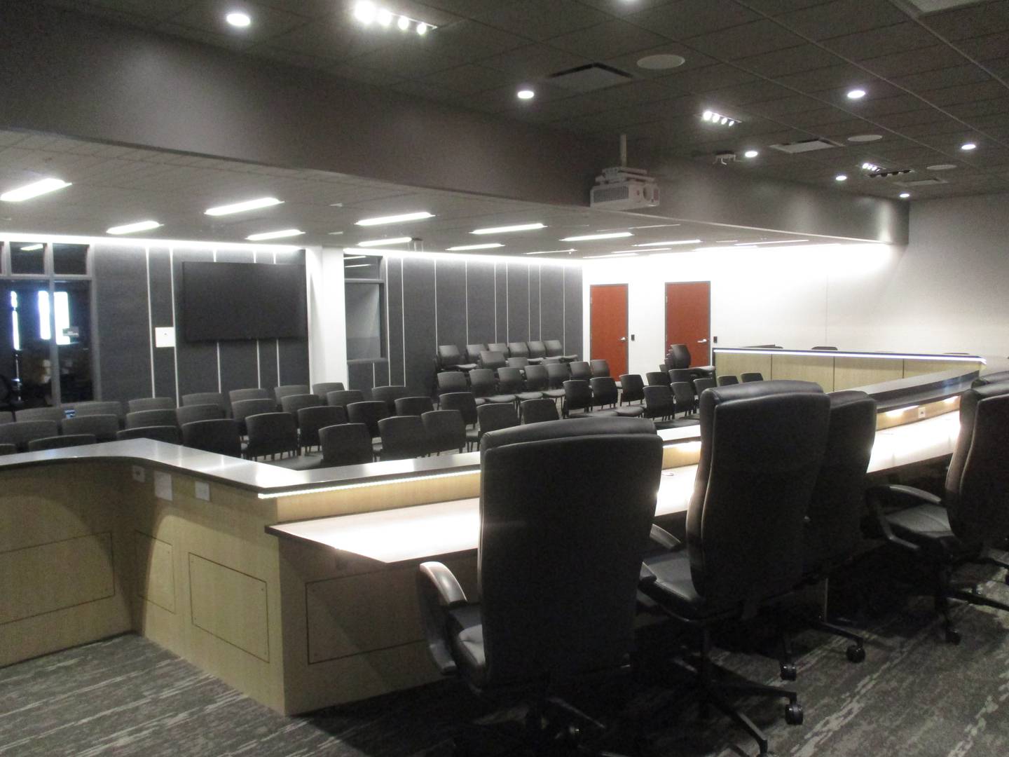 The view from the dais of the Yorkville City Council Chambers is seen here from behind the seats for aldermen.