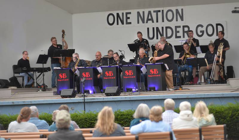 The All-Star Superband made its debut on the bandshell stage in Mt. Morris on Wednesday, Aug. 27, 2025. The band’s original performance date of July 11, as part of the 2025 Jamboree Summer Concert Series, had to be canceled due to inclement weather. The 18-piece rehearsal big band hails from Milwaukee, Wisconsin.