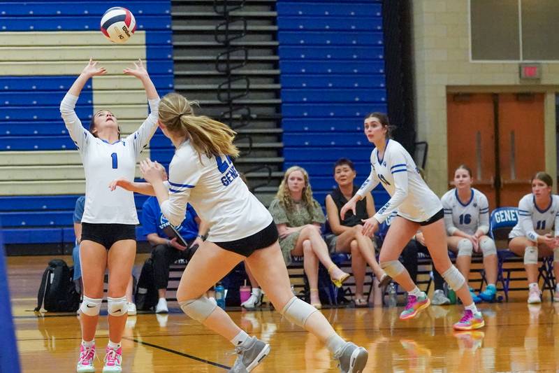 Geneva’s Alyssa Stevenson (1) sets the ball during a DuKane Conference match against Wheaton Warrenville South in Geneva on Tuesday, Sept. 16, 2025.