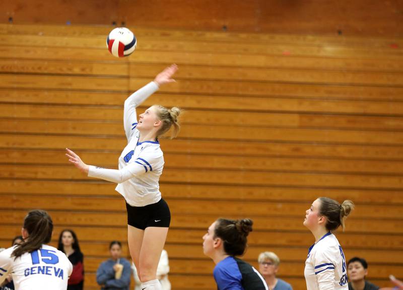 Geneva’s Lillian Hallahan goes up for a kill during the Class 4A Addison Trail Regional final against Wheaton Warrenville South on Thursday, Oct. 26, 2023.