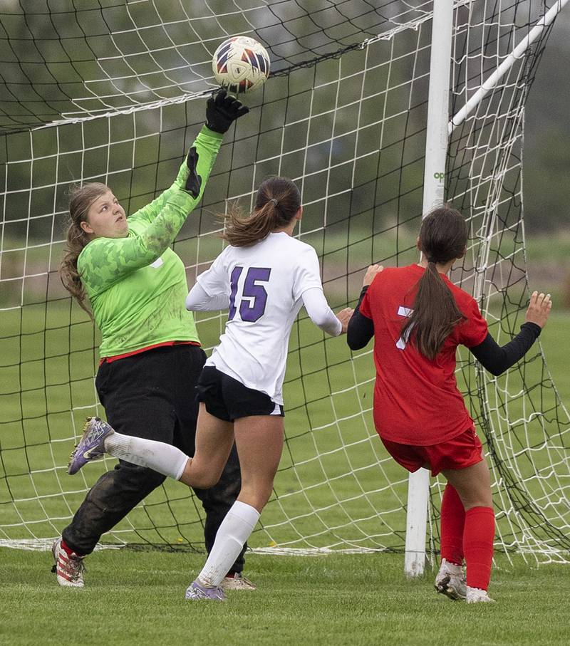 Oregon’s goalkeeper Noelle Girton redirects a shot by Jenna Harrison over the goal against Dixon Thursday, May 1, 2025.