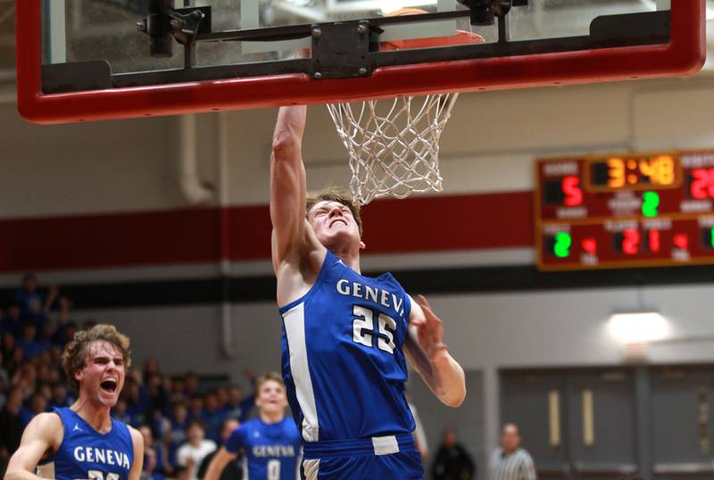 Geneva’s Hudson Kirby gets the ball in the basket during a game against Batavia on Friday, Dec. 20, 2024 in Batavia
