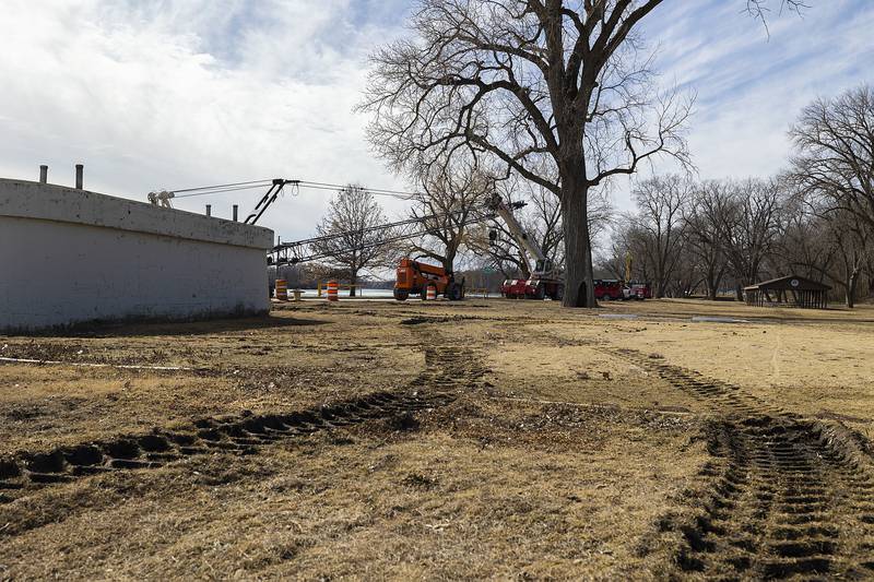 Heavy equipment is seen Feb. 28, 2025, at Page Park in Dixon as Project Rock moves forward with the building of a pedestrian bridge over the Rock River.