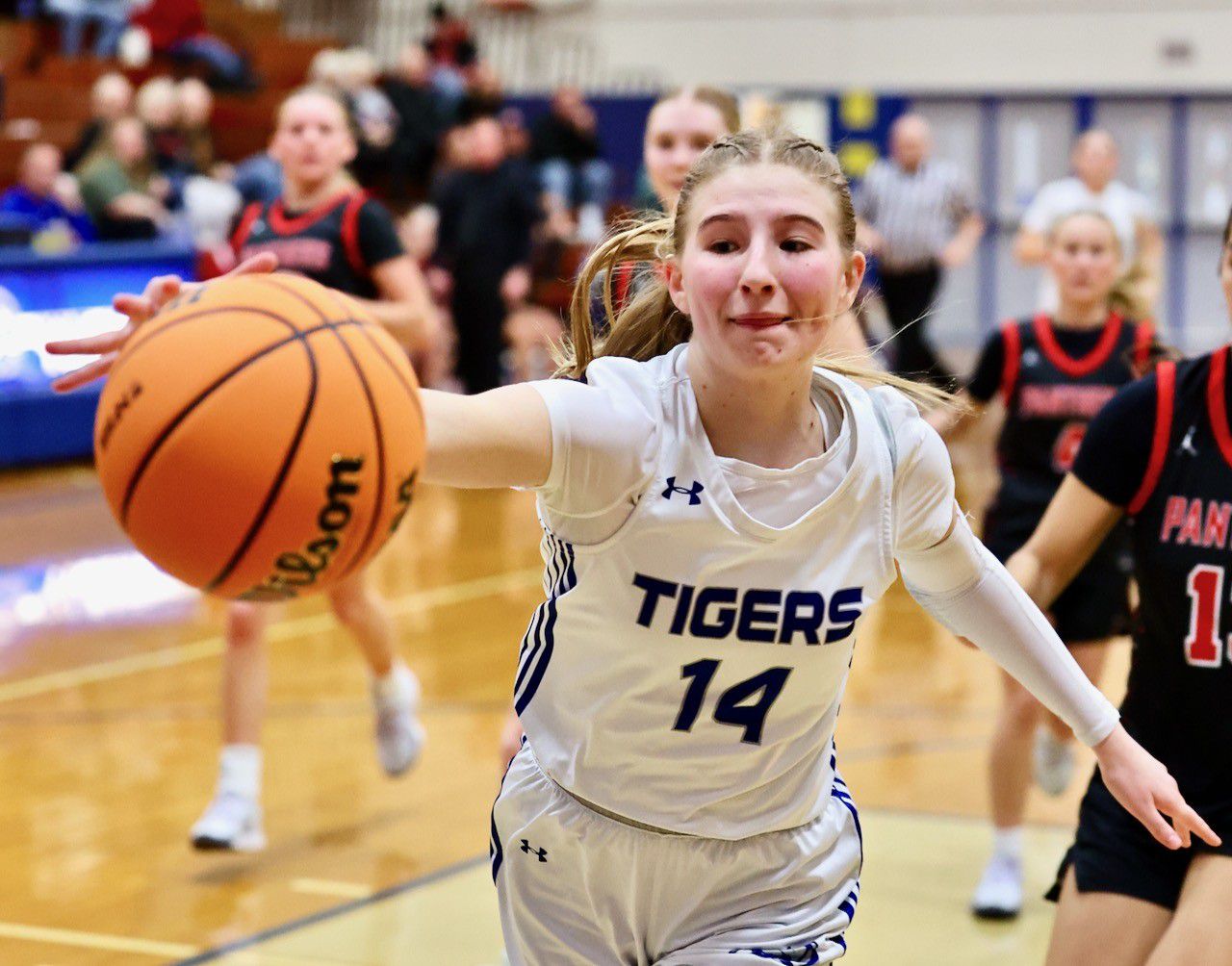 Princeton sophomore Payton Brandt reaches to save the ball from going out of bounds Tuesday night at Prouty Gym. The visiting Panthers won 51-40.