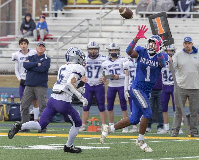 Newman’s Tyson Williams eyes a catch against Ridgeview-Lexington Saturday, Nov. 1, 2025, in round one of the Class 2A football playoffs.