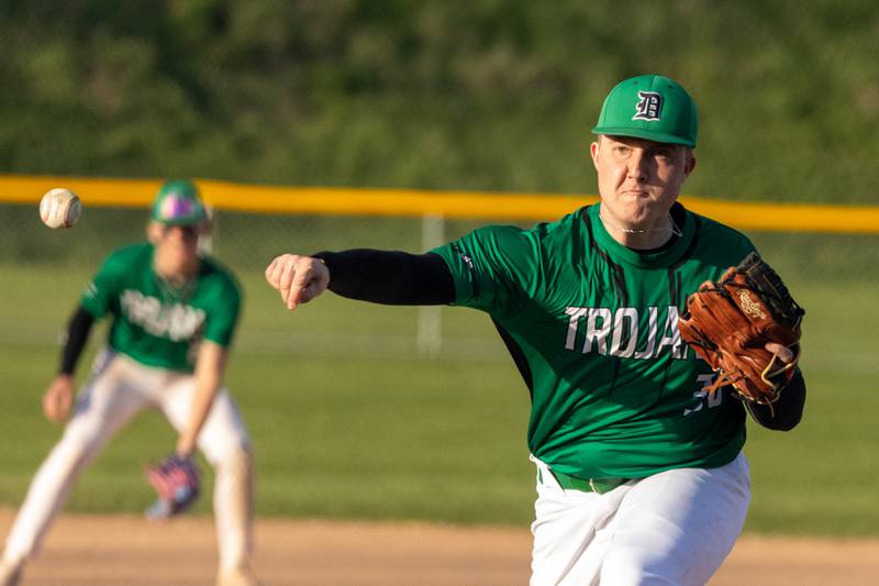 Wyatt Statler (30) of Dwight pitches on Tuesday, April 15, 2025 at St. Bede Academy in Peru.