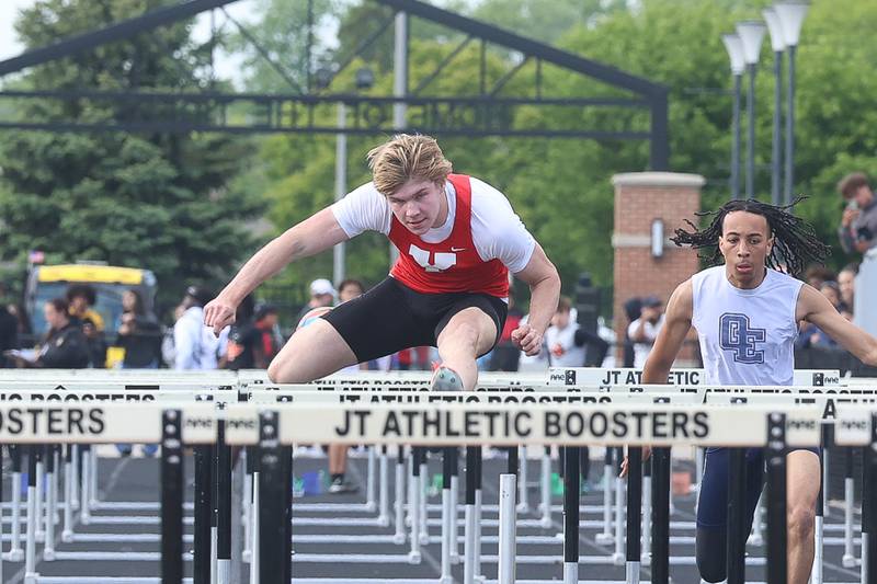 Yorkville’s Aiden Kolkmeyer wins the 110 Meter Hurdles in the Southwest Prairie Conference boys track and field championship on Wednesday, May 13, 2026 at Joliet West High School.