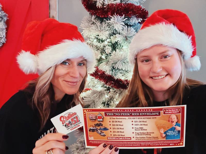 Kelly Scheuring, marketing manager, and Amber Jones, marketing director, show off one of the red envelopes available this holiday season at BBQ’d Productions restaurants in Lake Zurich, Third Lake, and Kenosha, Wisconsin, as well as Station 51 in Antioch.
