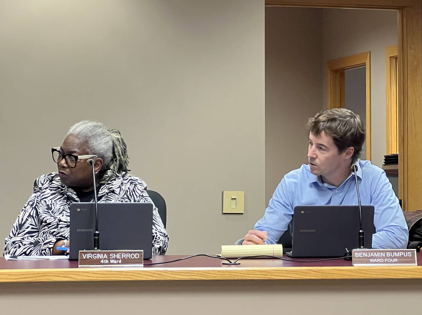 Fourth Ward Alderpersons Virginia Sherrod and Ben Bumpus listen to city officials during the March 4, 2024, Sycamore City Council meeting, where city manager Michael Hall proposed making the City Clerk, an elected position, a job filled by City Council approval.