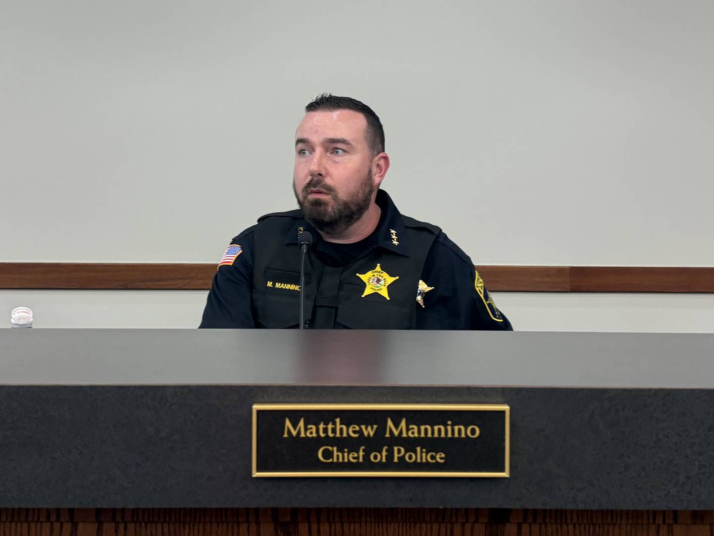 Lake in the Hills police chief Matt Mannino speaks at a Lake in the Hills Village Board meeting July 24, 2025.