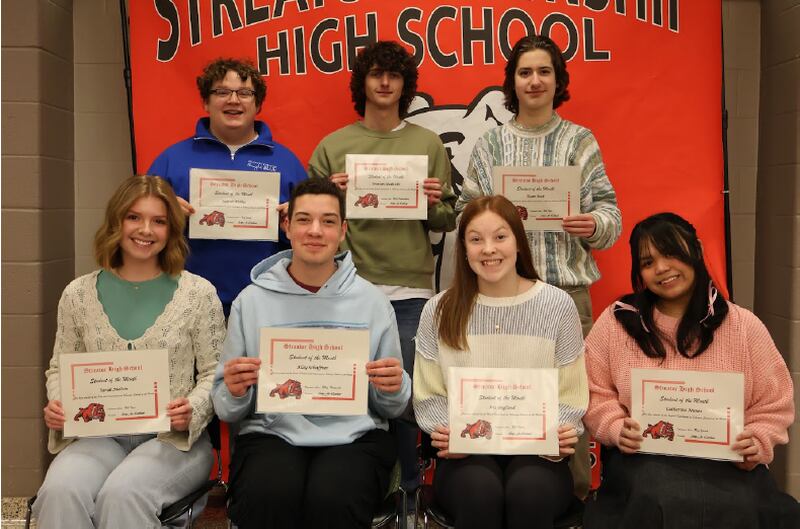 Streator High School students (from left, front)) Sarah Melvin, Klay Schaffner, Iris England and Catherine Nunez Back, (back) Palmer Phillis, Trenton Studnicki and Ryan Beck are pictured after they were honored Tuesday, Feb. 18, 2025, as February Students of the Month. Not pictured are Mason Dye, Harmonee Green and Juan Rodriguez.