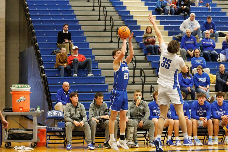 Wheaton North's Will Channing shoots a three pointer against Geneva on Friday, Feb.13,2026 in Geneva.