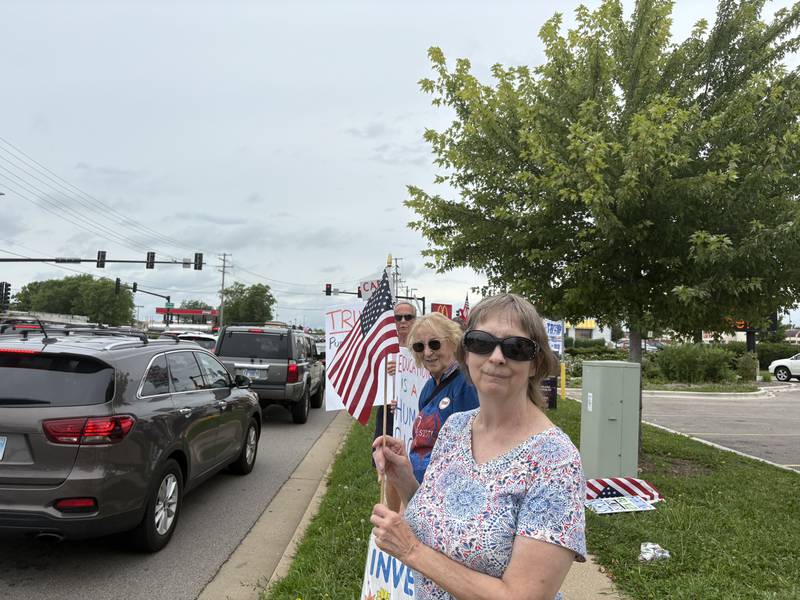 Protestors hold signs during a protest against President Trump in McHenry July 26, 2025.