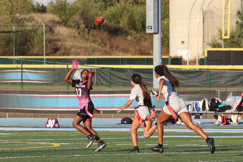 Kankakee's Jasyia Wesby catches a long pass during the Kays' 40-26 victory over Plainfield South on Monday, Oct. 6, 2025.